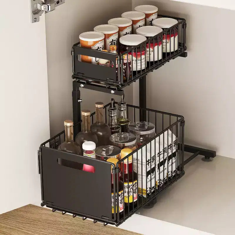 Pull Out Cabinet Organizer 2 Tier, Under Sink Organizer with Sliding Drawer, Black Storage Rack for Kitchen/Bathroom/Pantry