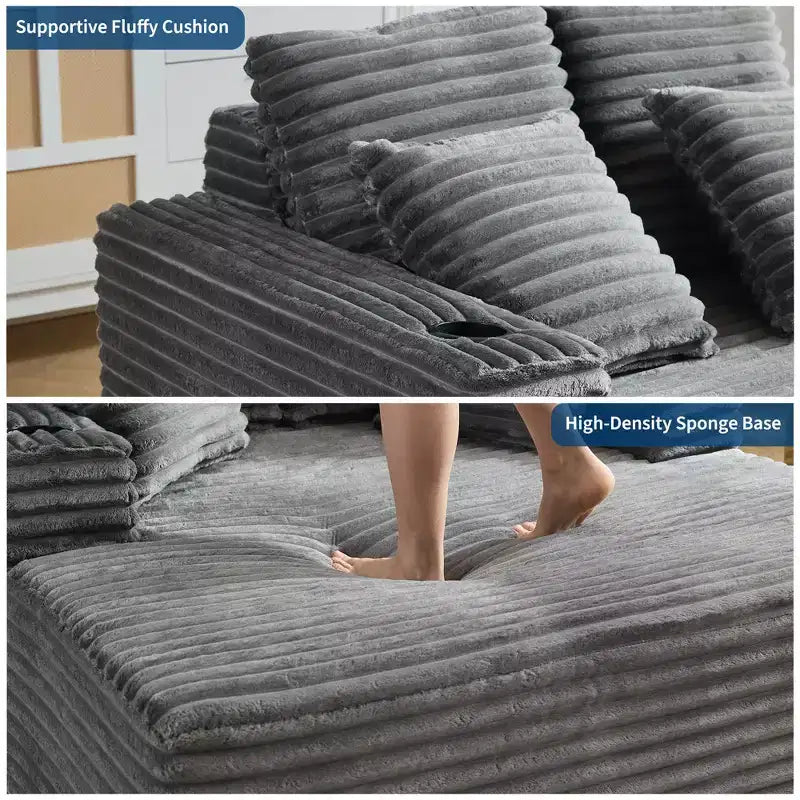 Canapé convertible 64" en velours côtelé avec accoudoir méridienne, porte-gobelets et oreillers, grand canapé confortable en mousse pour salon