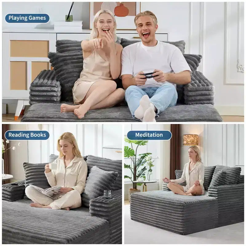 Canapé convertible 64" en velours côtelé avec accoudoir méridienne, porte-gobelets et oreillers, grand canapé confortable en mousse pour salon