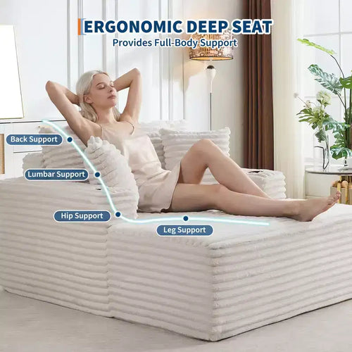 Canapé convertible 64" en velours côtelé avec accoudoir méridienne, porte-gobelets et oreillers, grand canapé confortable en mousse pour salon