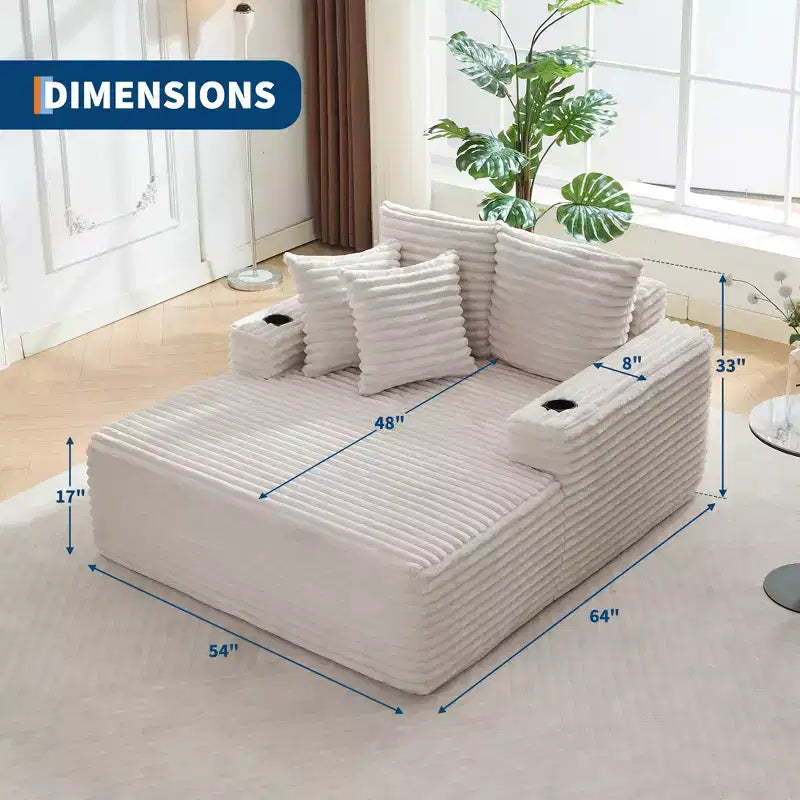Canapé convertible 64" en velours côtelé avec accoudoir méridienne, porte-gobelets et oreillers, grand canapé confortable en mousse pour salon
