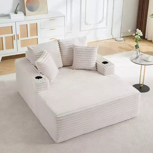 64 Corduroy Convertible Chaise Lounge Chair Sleeper Sofa Bed with Cup Holders & Pillows, Comfy Foam Oversized Couch for Living Room