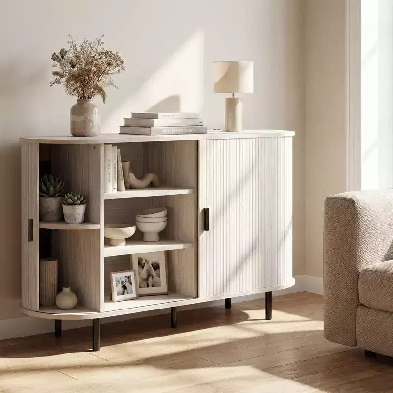 Costway Buffet vaisselier à cannelures 119 cm, meuble console de bar à café avec pieds en métal marron/gris