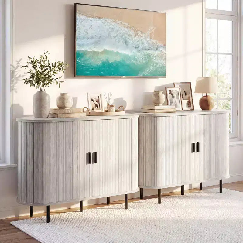 Costway Buffet vaisselier à cannelures 119 cm, meuble console de bar à café avec pieds en métal marron/gris