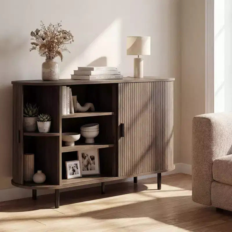 Costway Buffet vaisselier à cannelures 119 cm, meuble console de bar à café avec pieds en métal marron/gris
