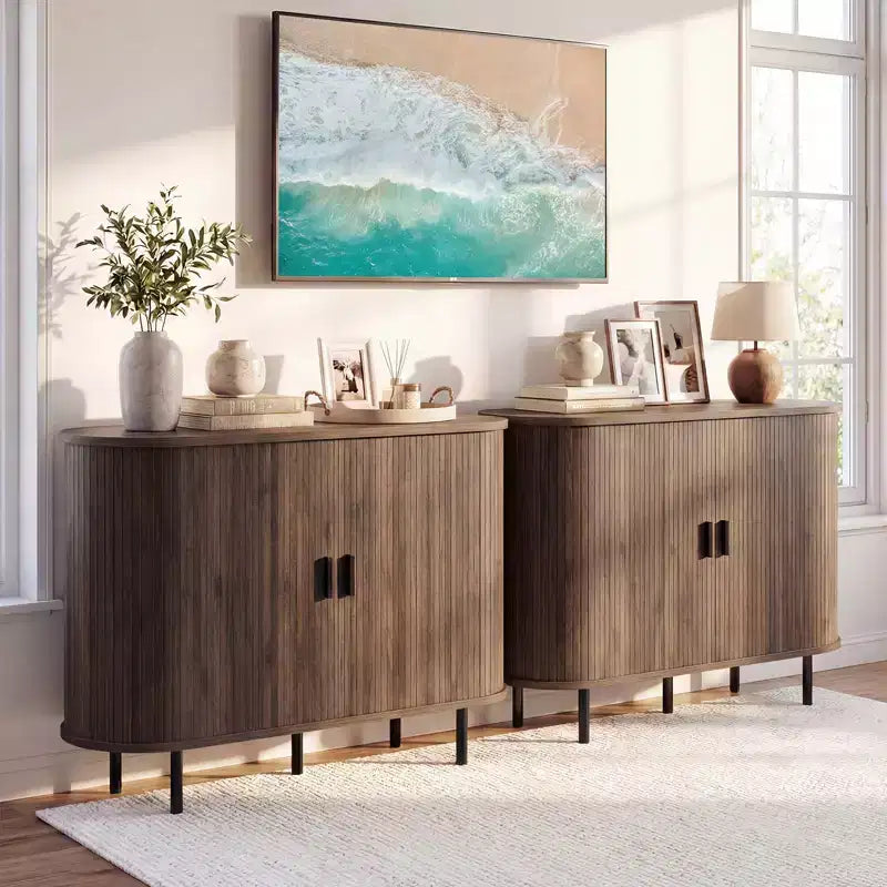Costway Buffet vaisselier à cannelures 119 cm, meuble console de bar à café avec pieds en métal marron/gris
