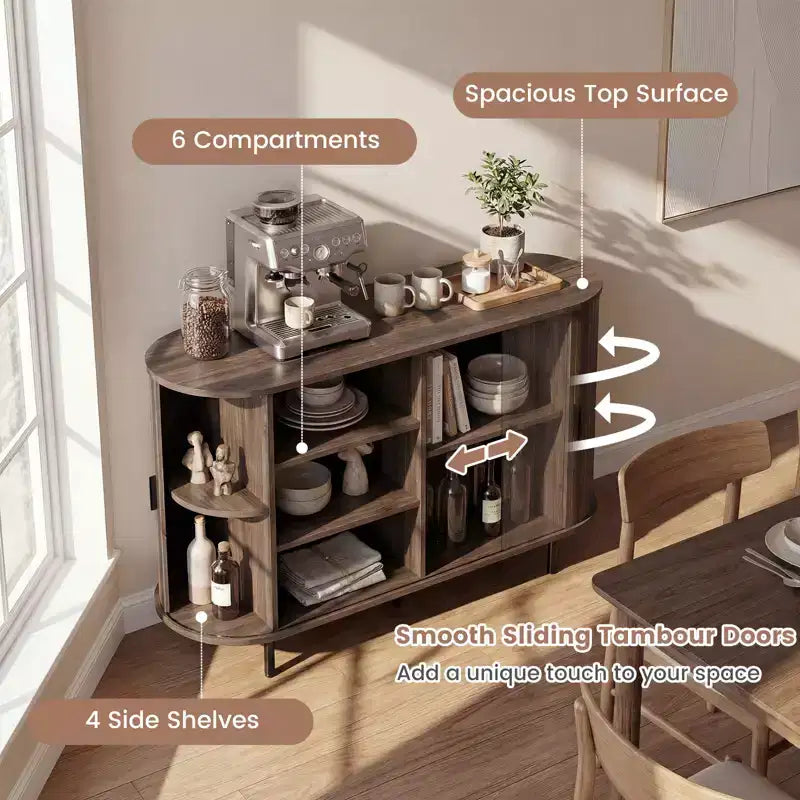Costway Buffet vaisselier à cannelures 119 cm, meuble console de bar à café avec pieds en métal marron/gris