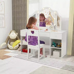 Coiffeuse enfant avec lumières, Coiffeuse de princesse avec meuble de rangement et miroir triple escamotable tactile, Table de toilette pour enfant en bas âge, Blanc