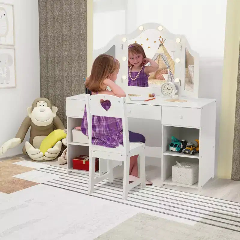 Coiffeuse enfant avec lumières, Coiffeuse de princesse avec meuble de rangement et miroir triple escamotable tactile, Table de toilette pour enfant en bas âge, Blanc
