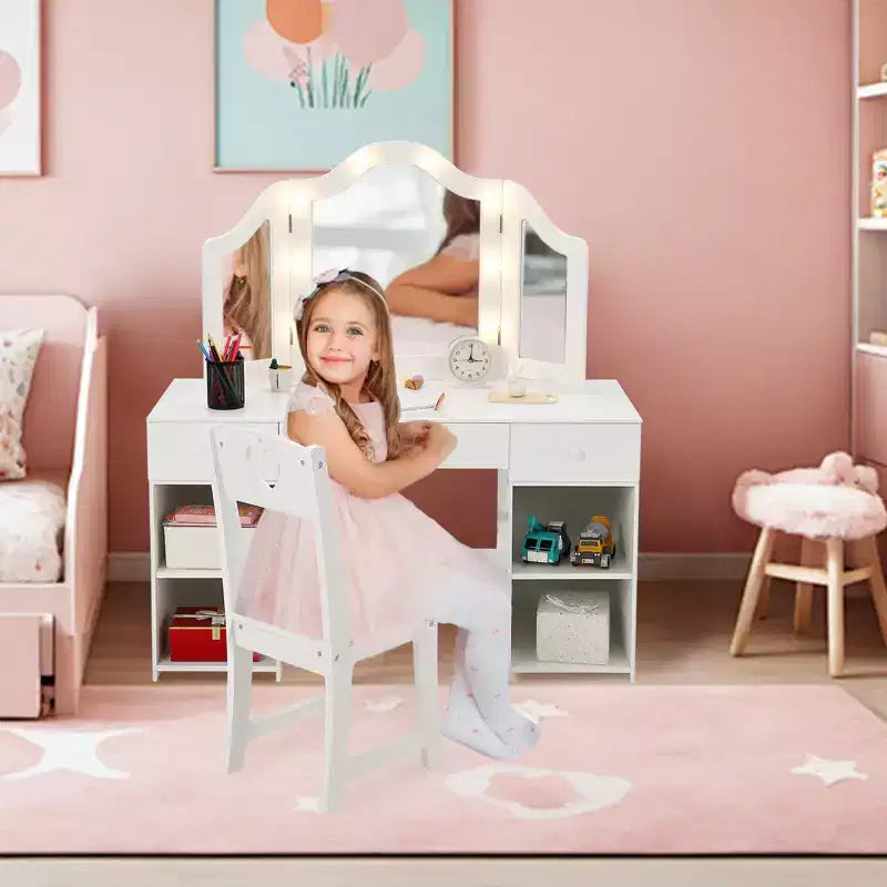 Coiffeuse enfant avec lumières, Coiffeuse de princesse avec meuble de rangement et miroir triple escamotable tactile, Table de toilette pour enfant en bas âge, Blanc