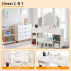 Coiffeuse enfant avec lumières, Coiffeuse de princesse avec meuble de rangement et miroir triple escamotable tactile, Table de toilette pour enfant en bas âge, Blanc