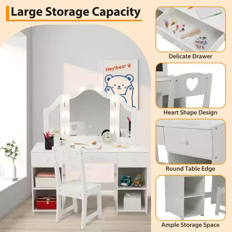 Coiffeuse enfant avec lumières, Coiffeuse de princesse avec meuble de rangement et miroir triple escamotable tactile, Table de toilette pour enfant en bas âge, Blanc