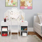 Coiffeuse enfant avec lumières, Coiffeuse de princesse avec meuble de rangement et miroir triple escamotable tactile, Table de toilette pour enfant en bas âge, Blanc