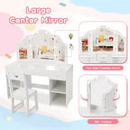Coiffeuse enfant avec lumières, Coiffeuse de princesse avec meuble de rangement et miroir triple escamotable tactile, Table de toilette pour enfant en bas âge, Blanc