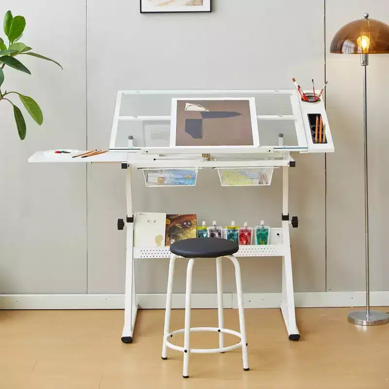 Table d'art professionnelle réglable en hauteur, table à dessin pliante avec surface inclinable, tiroirs de rangement pour la peinture, le dessin, l'artisanat, la couture
