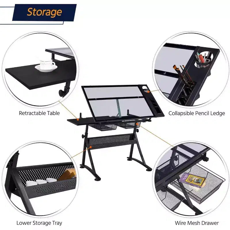 Table d'art professionnelle réglable en hauteur, table à dessin pliante avec surface inclinable, tiroirs de rangement pour la peinture, le dessin, l'artisanat, la couture