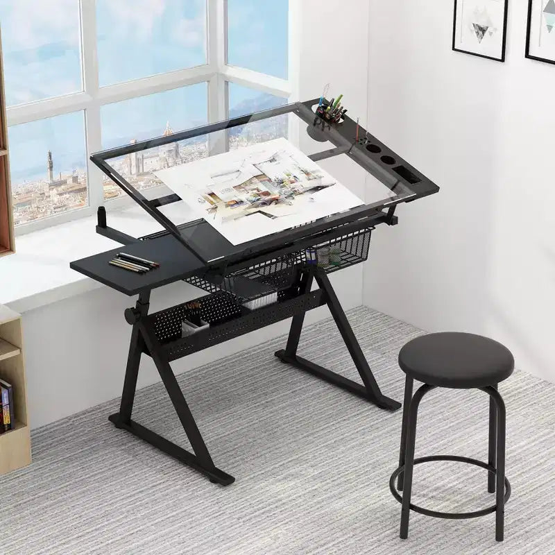 Table d'art professionnelle réglable en hauteur, table à dessin pliante avec surface inclinable, tiroirs de rangement pour la peinture, le dessin, l'artisanat, la couture