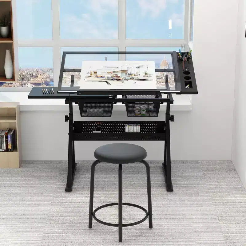 Table d'art professionnelle réglable en hauteur, table à dessin pliante avec surface inclinable, tiroirs de rangement pour la peinture, le dessin, l'artisanat, la couture