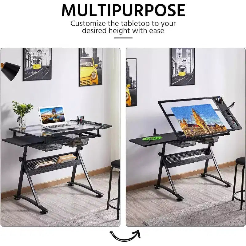 Table d'art professionnelle réglable en hauteur, table à dessin pliante avec surface inclinable, tiroirs de rangement pour la peinture, le dessin, l'artisanat, la couture