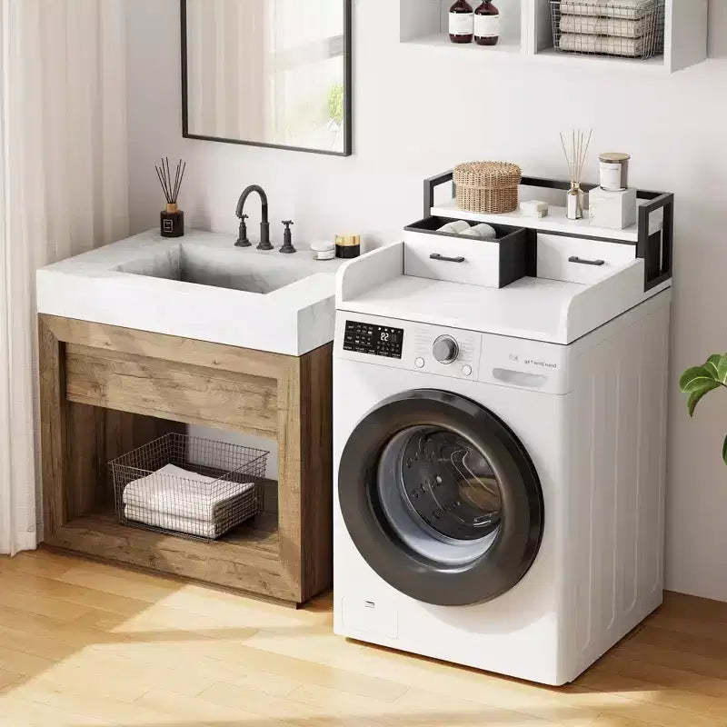 Comptoir de laveuse-sécheuse superposé à 2 niveaux, simple, avec étagère et tiroir, sur-laveuse-sécheuse avec rebord pour organisateur de rangement de comptoir de panier à linge