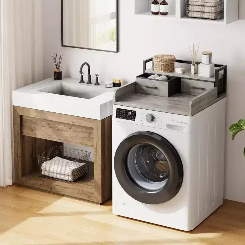 Comptoir de laveuse-sécheuse superposé à 2 niveaux, simple, avec étagère et tiroir, sur-laveuse-sécheuse avec rebord pour organisateur de rangement de comptoir de panier à linge