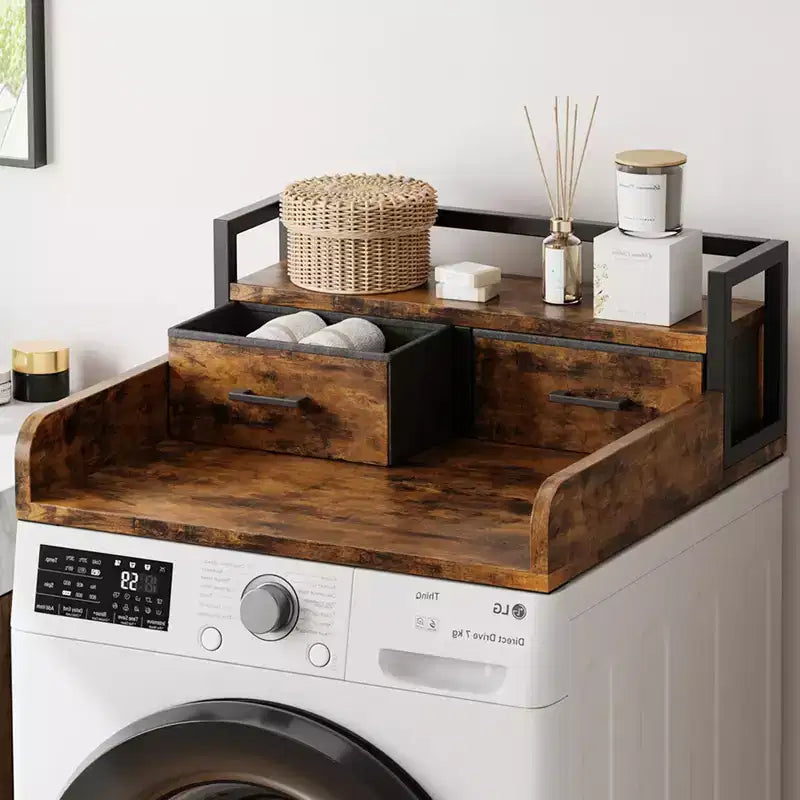 Comptoir de laveuse-sécheuse superposé à 2 niveaux, simple, avec étagère et tiroir, sur-laveuse-sécheuse avec rebord pour organisateur de rangement de comptoir de panier à linge