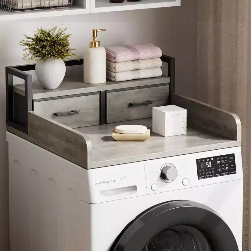 2-Tier Washer Dryer Countertop single with Shelf & Drawer, Laundry Topper w/Edge for Washer Dryer Laundry Hamper Counter Storage Organization