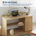 Bureau de direction cannelé moderne - Poste de travail informatique en bois de 152 cm de large avec rangement, tiroir et armoire, grand bureau de bureau en chêne pour la maison, l'étude, l'espace de travail