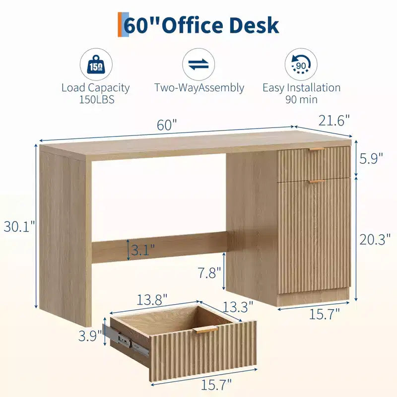 Bureau de direction cannelé moderne - Poste de travail informatique en bois de 152 cm de large avec rangement, tiroir et armoire, grand bureau de bureau en chêne pour la maison, l'étude, l'espace de travail