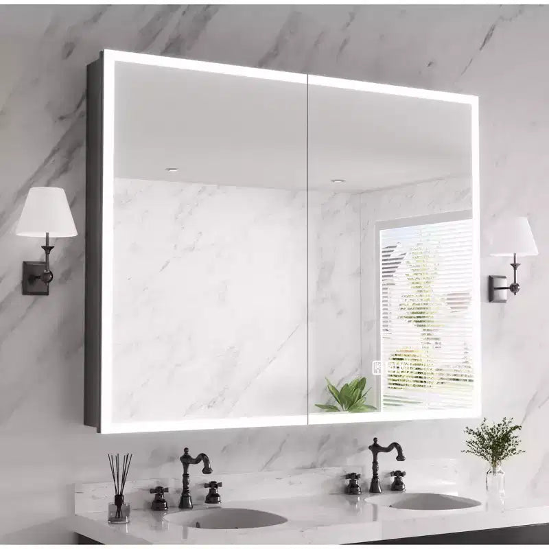 FAMYYT 40 in. W x 32 in. H Aluminum Medicine Cabinet with Mirror, Flowing Light, Dimmable, Anti-Fog