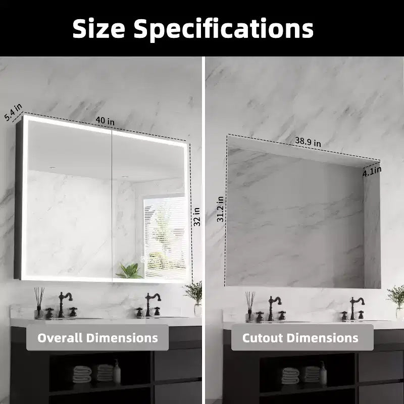 Armoire à pharmacie FAMYYT 40 po L x 32 po H en aluminium avec miroir, éclairage fluide, intensité réglable, anti-buée