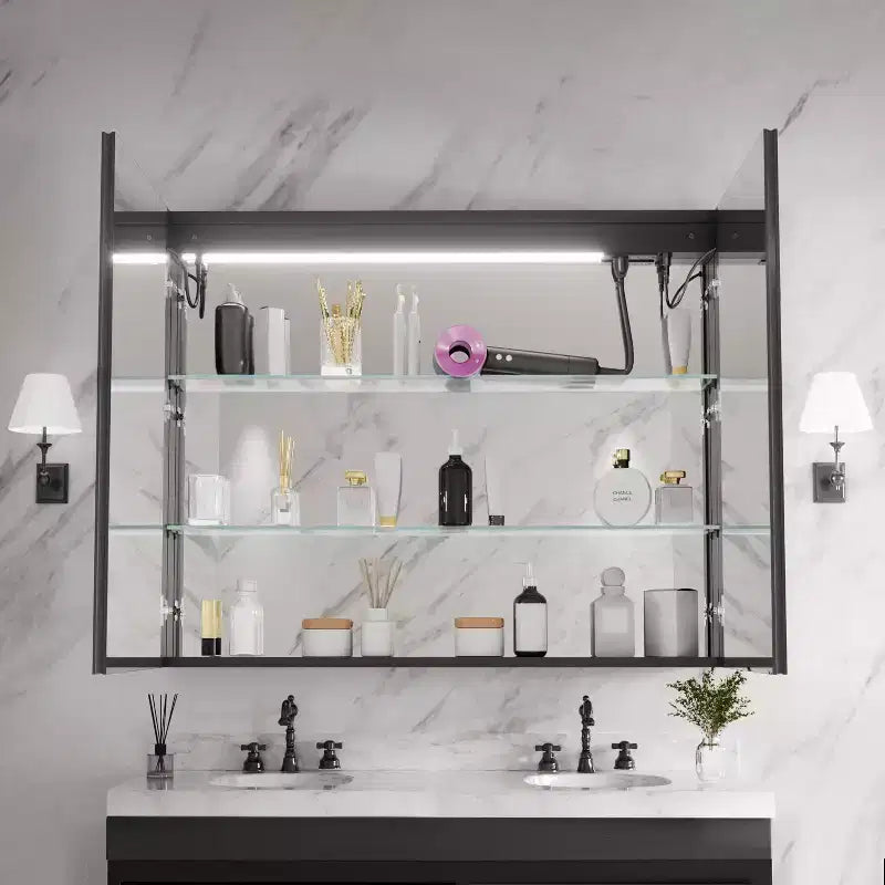 Armoire à pharmacie FAMYYT 40 po L x 32 po H en aluminium avec miroir, éclairage fluide, intensité réglable, anti-buée