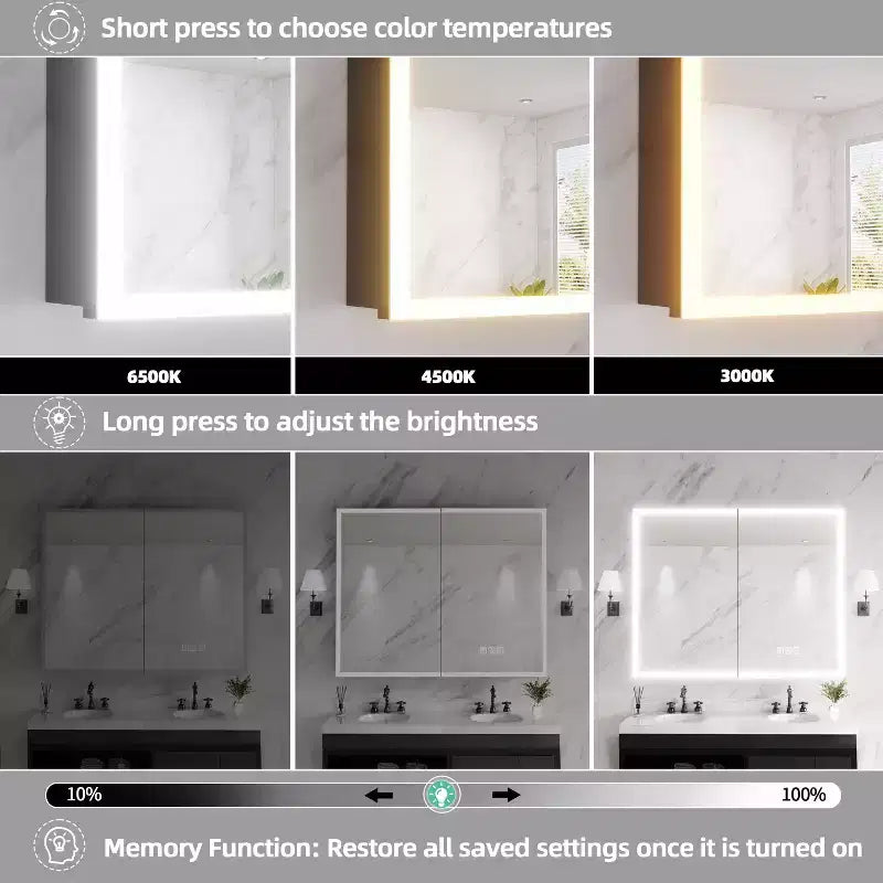 Armoire à pharmacie FAMYYT 40 po L x 32 po H en aluminium avec miroir, éclairage fluide, intensité réglable, anti-buée