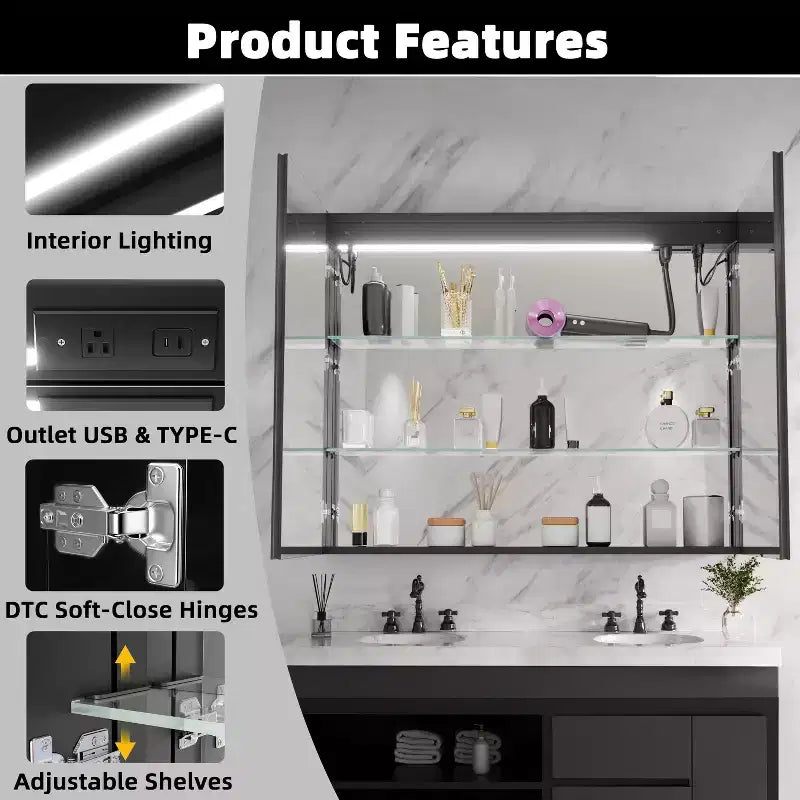 Armoire à pharmacie FAMYYT 40 po L x 32 po H en aluminium avec miroir, éclairage fluide, intensité réglable, anti-buée