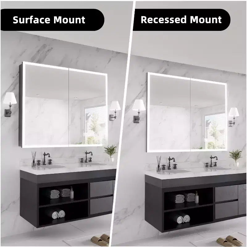 Armoire à pharmacie FAMYYT 40 po L x 32 po H en aluminium avec miroir, éclairage fluide, intensité réglable, anti-buée