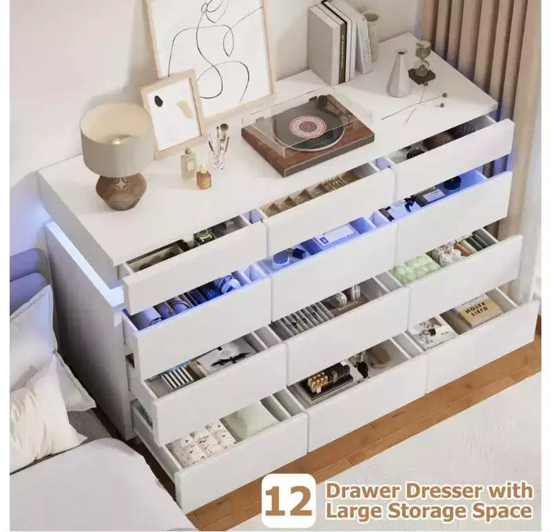 Commode en bois de 59 po avec 12 tiroirs – commode moderne pour chambre à coucher, salon, couloir et entrée