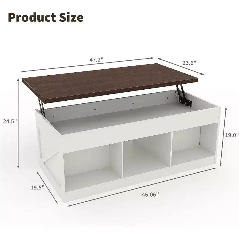 Table basse de ferme, table basse relevable de 120 cm avec porte de grange et compartiment caché, table centrale rétro avec plateau en bois relevable