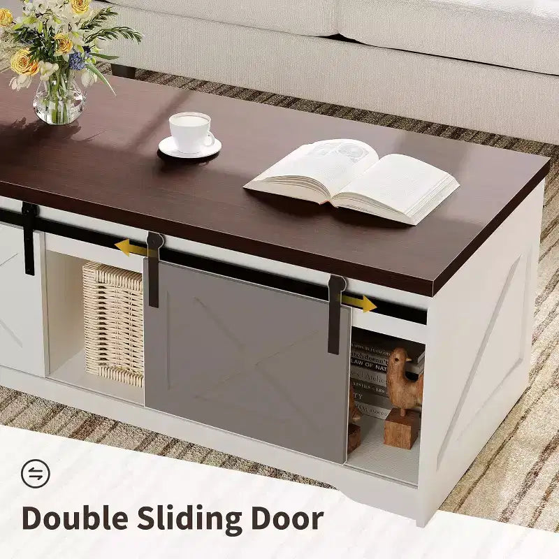 Table basse de ferme, table basse relevable de 120 cm avec porte de grange et compartiment caché, table centrale rétro avec plateau en bois relevable