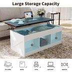Table basse de ferme, table basse relevable de 120 cm avec porte de grange et compartiment caché, table centrale rétro avec plateau en bois relevable