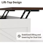 Table basse de ferme, table basse relevable de 120 cm avec porte de grange et compartiment caché, table centrale rétro avec plateau en bois relevable