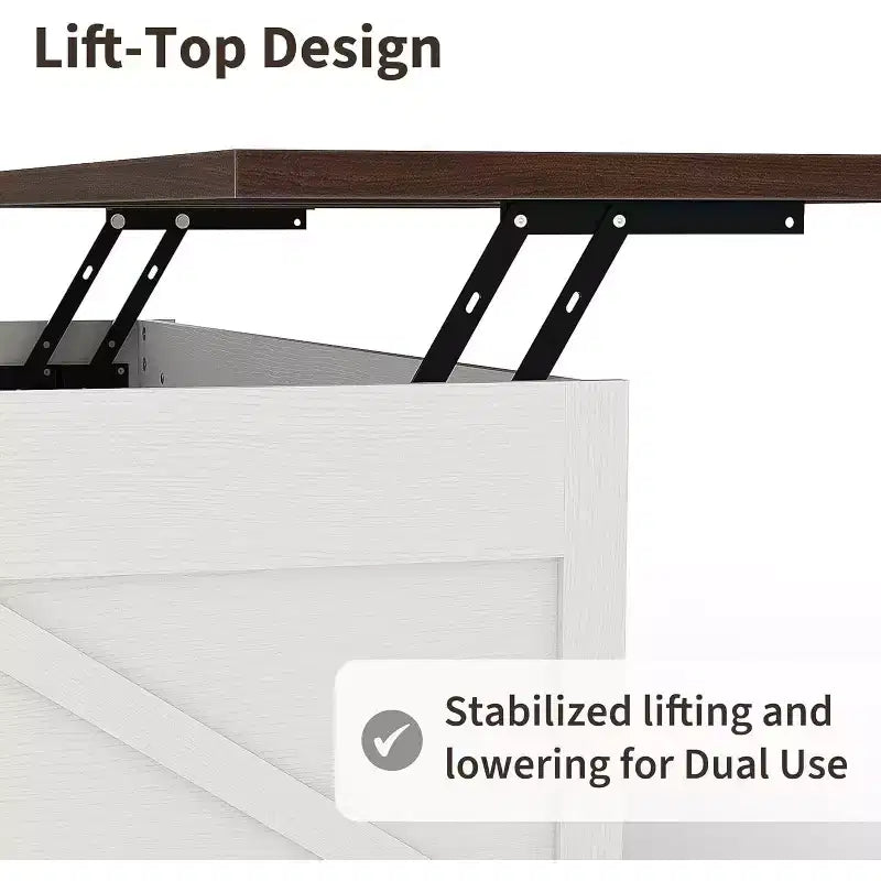 Table basse de ferme, table basse relevable de 120 cm avec porte de grange et compartiment caché, table centrale rétro avec plateau en bois relevable