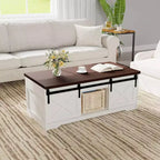 Table basse de ferme, table basse relevable de 120 cm avec porte de grange et compartiment caché, table centrale rétro avec plateau en bois relevable