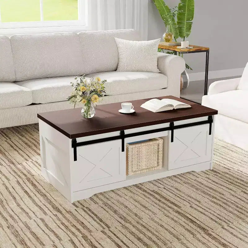 Table basse de ferme, table basse relevable de 120 cm avec porte de grange et compartiment caché, table centrale rétro avec plateau en bois relevable