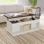 Table basse de ferme, table basse relevable de 120 cm avec porte de grange et compartiment caché, table centrale rétro avec plateau en bois relevable