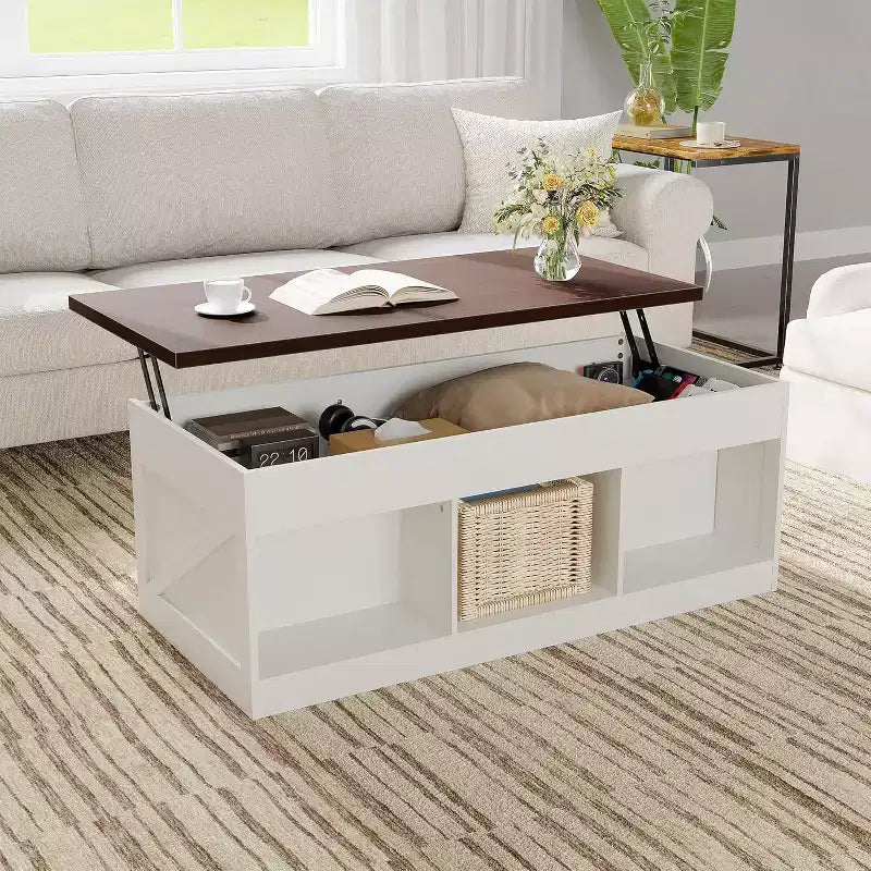 Table basse de ferme, table basse relevable de 120 cm avec porte de grange et compartiment caché, table centrale rétro avec plateau en bois relevable