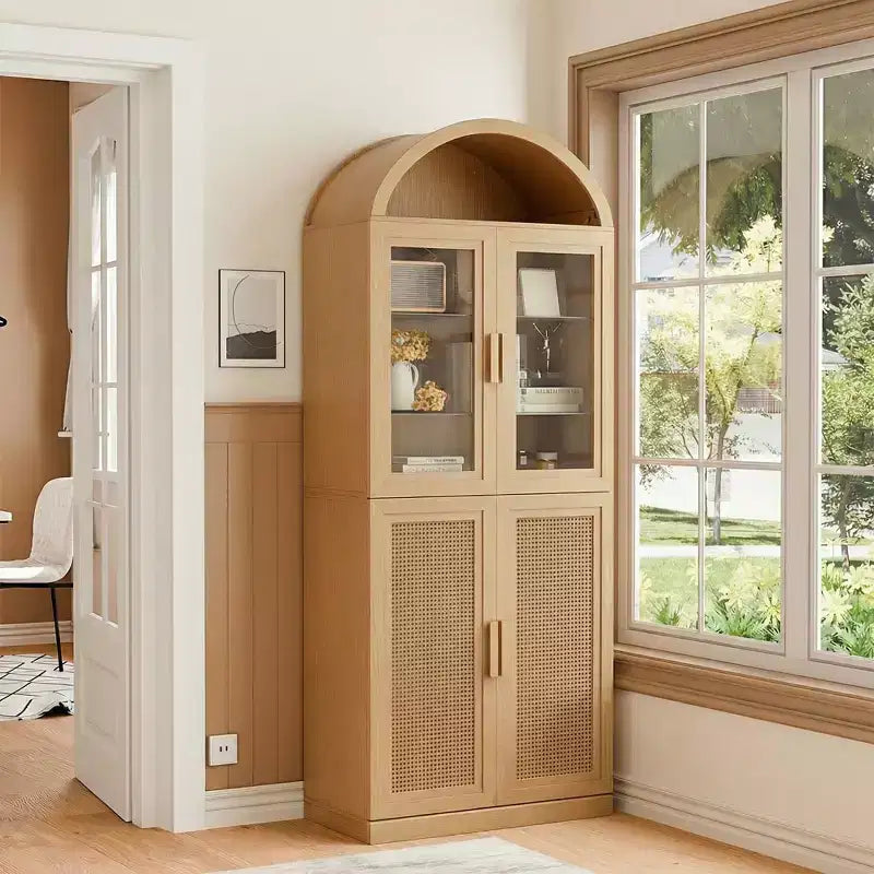 Vitrine arquée meuble de rangement autonome avec portes en verre et en rotin étagères réglables pour salon bureau cuisine salle à manger