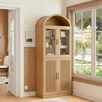 Vitrine arquée meuble de rangement autonome avec portes en verre et en rotin étagères réglables pour salon bureau cuisine salle à manger
