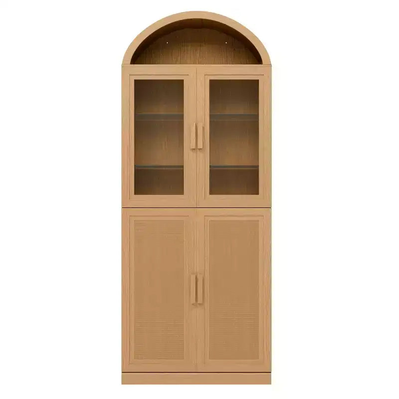 Vitrine arquée meuble de rangement autonome avec portes en verre et en rotin étagères réglables pour salon bureau cuisine salle à manger