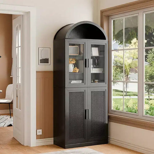 Vitrine arquée meuble de rangement autonome avec portes en verre et en rotin étagères réglables pour salon bureau cuisine salle à manger