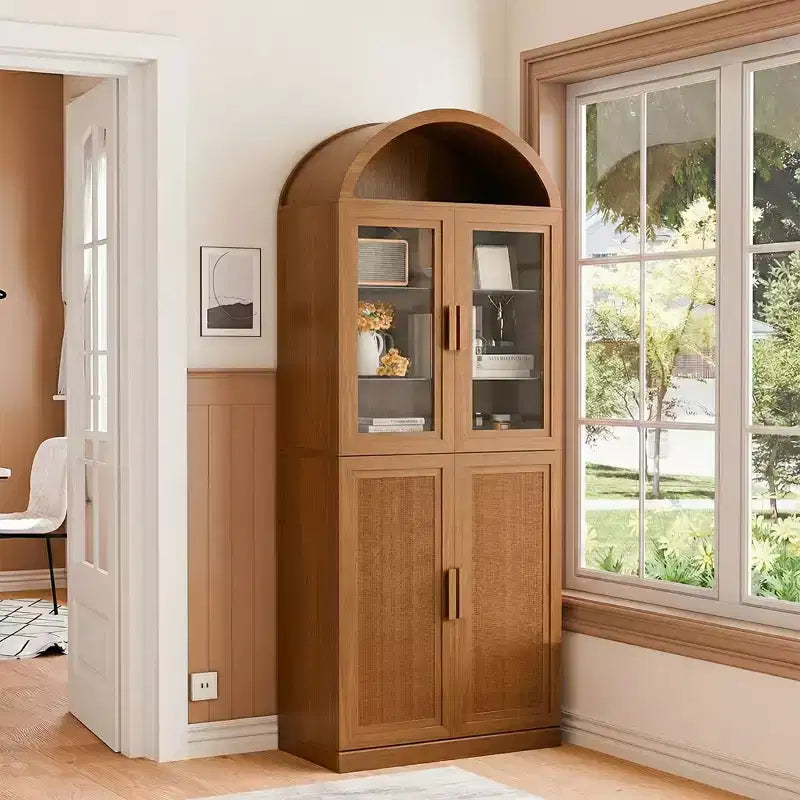 Vitrine arquée meuble de rangement autonome avec portes en verre et en rotin étagères réglables pour salon bureau cuisine salle à manger